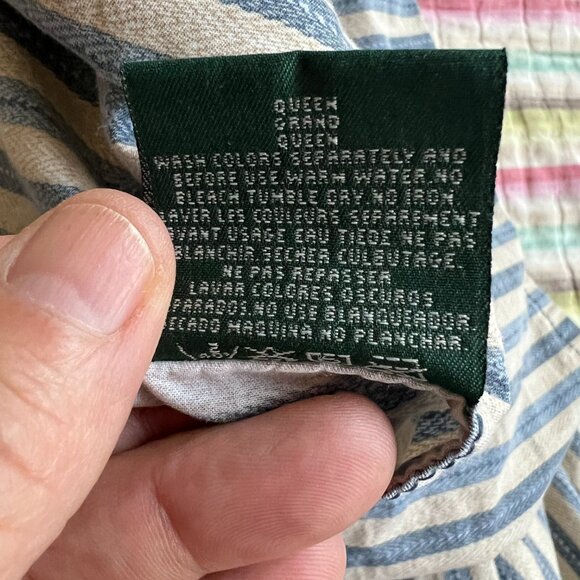 Lauren Ralph Lauren 100% Cotton Queen Striped Flat Sheet Tan Blue Preppy Nautica - Picture 3 of 5